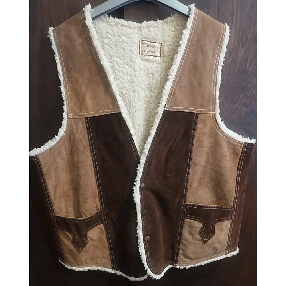 Patchwork Leather Sherpa Lined Vest Men's XL Made in USA Brown Tan snap pockets